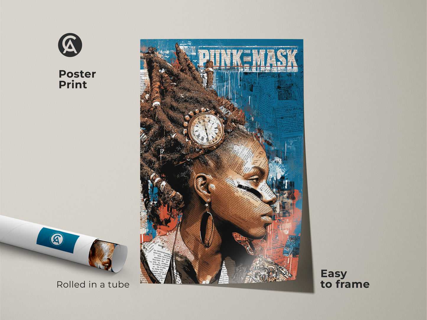 Poster print featuring an abstract woman portrait with a punk mask. The teal red blue collage wall art creates urban art for any living room. Buy a unique birthday gift for music lovers.