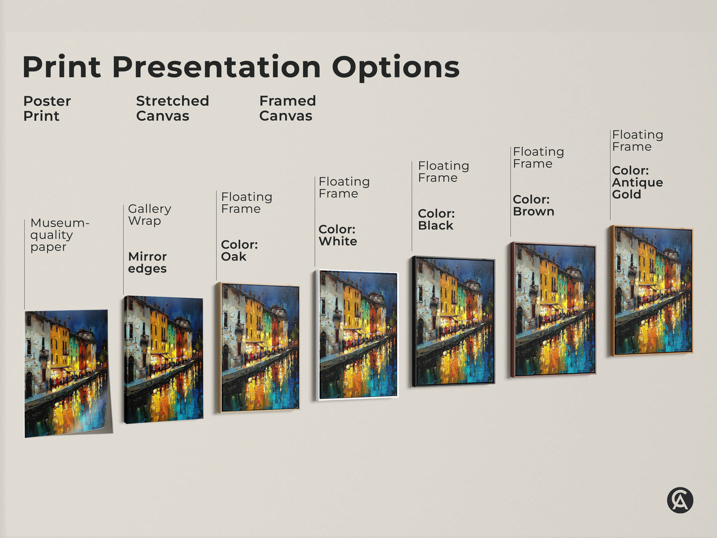 Print Presentation Options. Poster Print Stretched Canvas and Framed Canvas of a Night Cityscape. European canal houses artwork makes a great housewarming gift. The art for wanderlust brings eclectic home decor to any apartment living room.