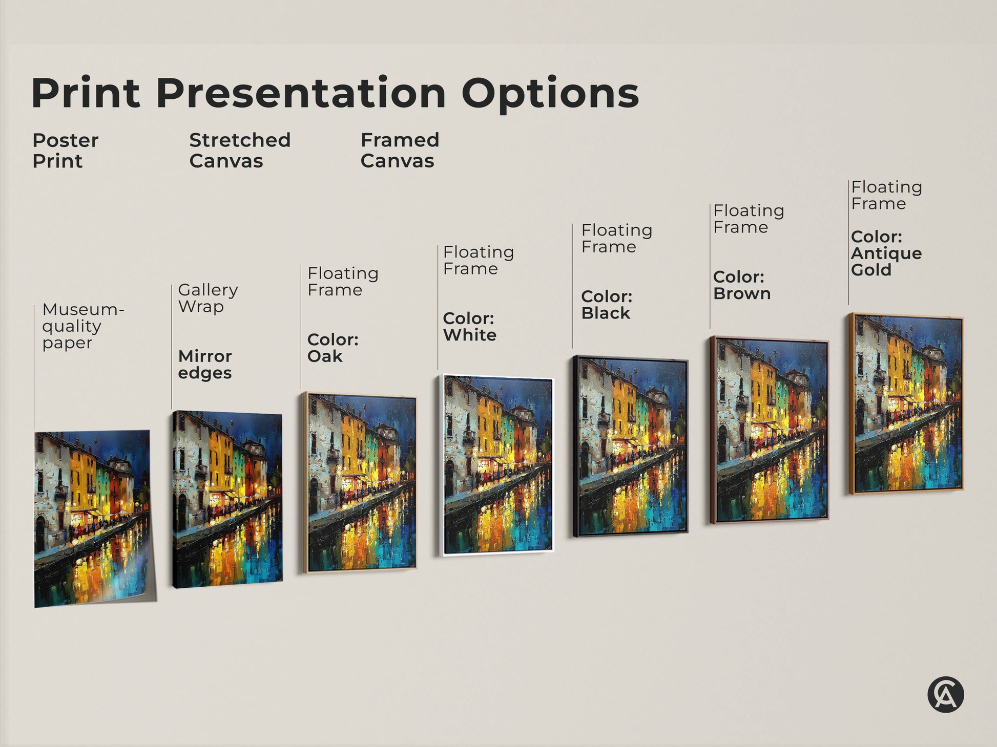 Print Presentation Options. Poster Print Stretched Canvas and Framed Canvas of a Night Cityscape. European canal houses artwork makes a great housewarming gift. The art for wanderlust brings eclectic home decor to any apartment living room.