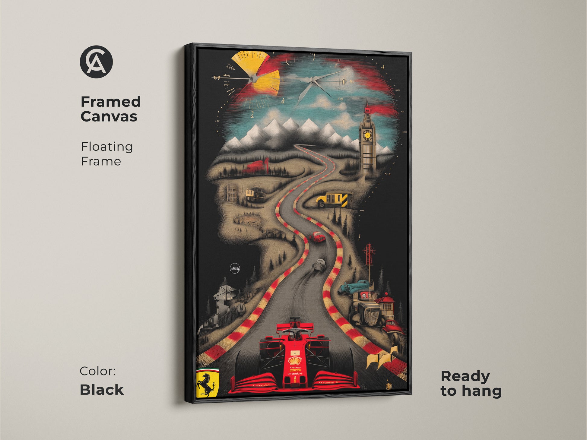 Framed canvas art of a Ferrari race car. The black floating frame enhances the modern art. The artwork shows a red F1 car on a track with landmarks in the background. Ready to hang