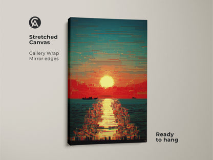 Stretched canvas print of a glitch art sunset. The abstract seascape features red orange and teal tones. Gallery wrapped with mirror edges this boat artwork is ready to hang. Perfect for contemporary spaces.