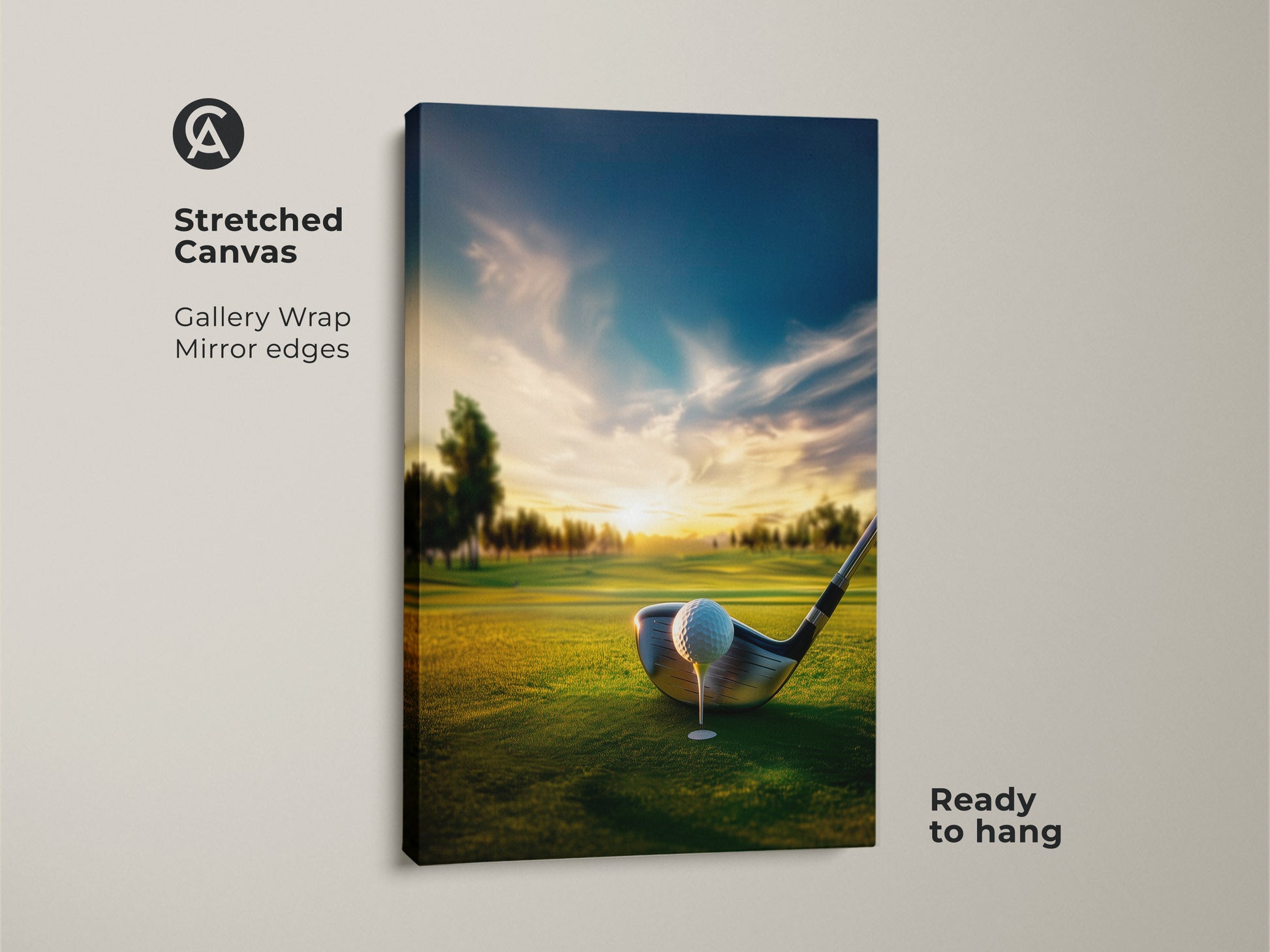 Stretched canvas golf course artwork ready to hang. A golf ball sits on the tee ready to be launched. The gallery wrap and mirrored edges add a touch of class. This artwork brings the beauty of golf to any room. Purchase your canvas art now.