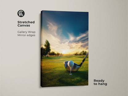 Stretched canvas golf course artwork ready to hang. A golf ball sits on the tee ready to be launched. The gallery wrap and mirrored edges add a touch of class. This artwork brings the beauty of golf to any room. Purchase your canvas art now.