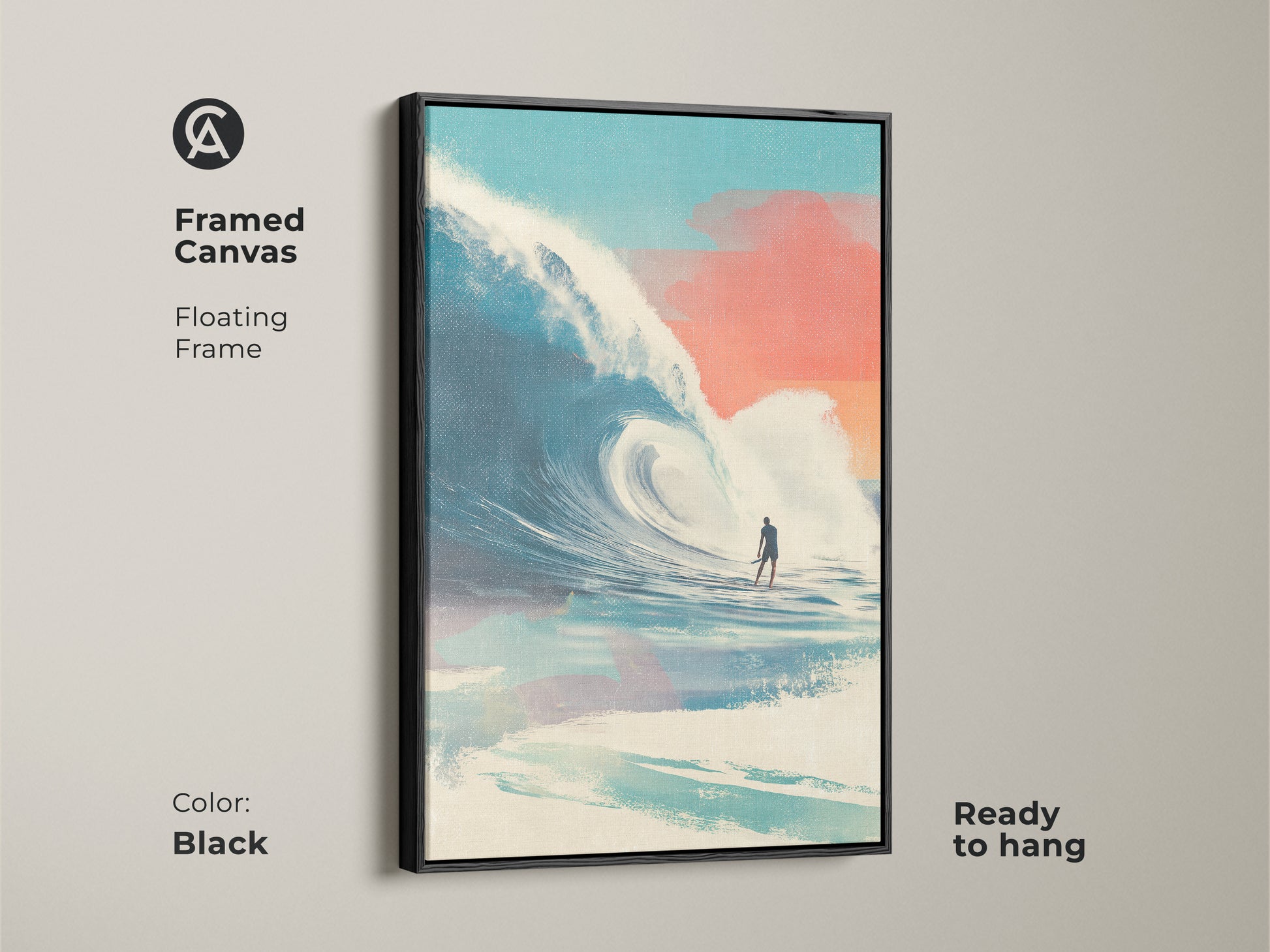 Black framed canvas featuring surfing artwork. The art showcases a surfer riding a large wave. The floating frame enhances the artwork. It's ready to hang. The artwork brings a modern coastal feel to your home. Ideal for contemporary spaces.
