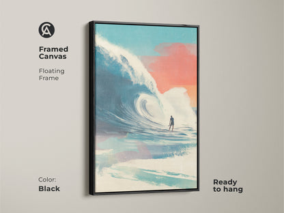 Black framed canvas featuring surfing artwork. The art showcases a surfer riding a large wave. The floating frame enhances the artwork. It's ready to hang. The artwork brings a modern coastal feel to your home. Ideal for contemporary spaces.