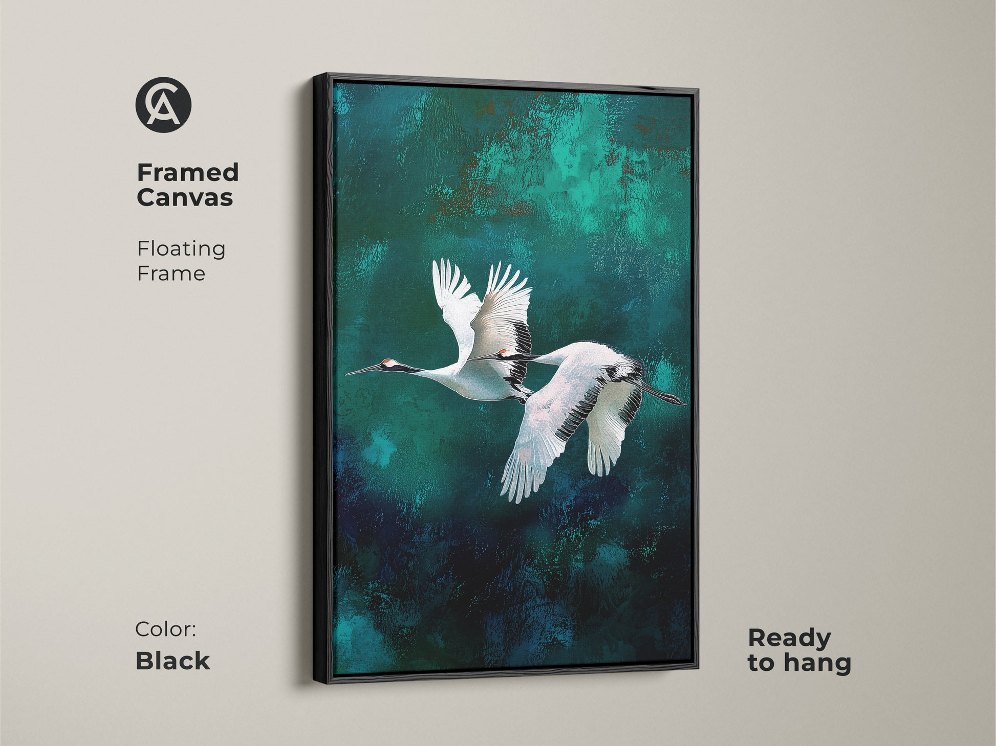 Framed abstract crane wall art in black floating frame. The teal emerald canvas print enhances the modern nature decor. Ink wash bird art featuring minimalist flying cranes. Ready to hang in any living space.