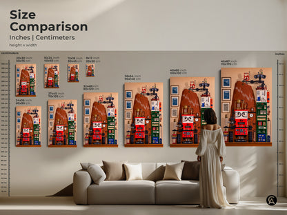 A size comparison shows surreal steampunk robot artwork in a living room. This abstract art features intricate gears and a blend of red blue and brown. It is a striking piece for any home. It is an ideal gift for tech enthusiasts or gadget lovers.