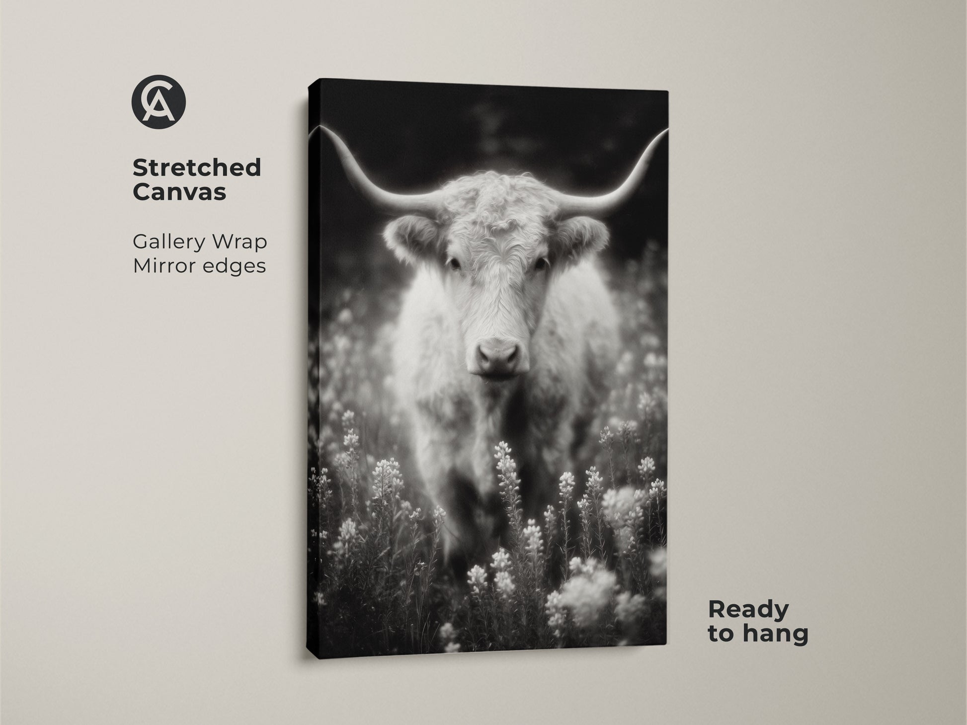 A stretched canvas print of a longhorn in a field. The black and white artwork is ready to hang. The gallery wrap canvas features mirrored edges. This fine art photography print adds a touch of rustic charm to any room.