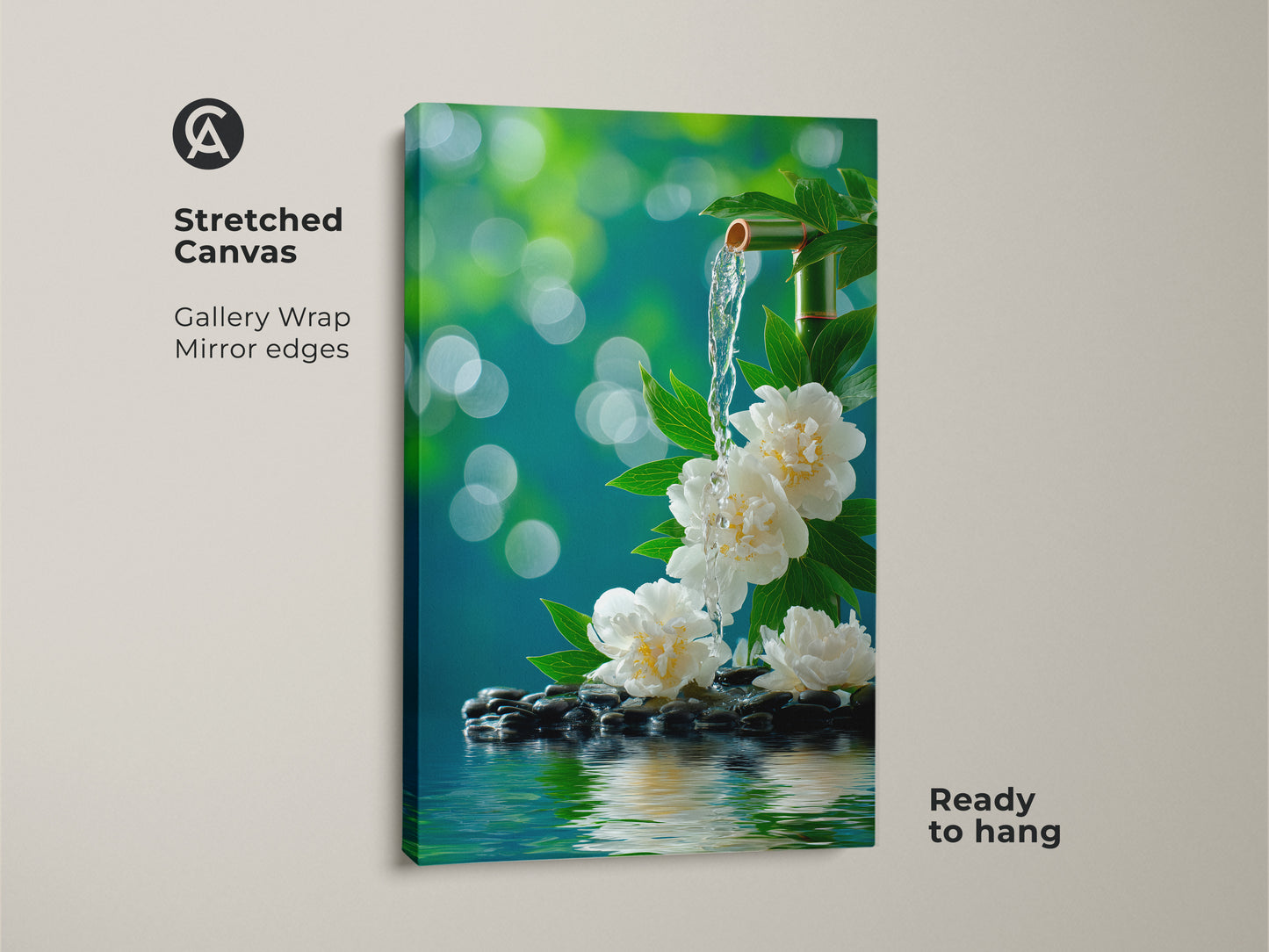 This is a stretched canvas print of zen artwork. The gallery wrap and mirror edges give it a modern look. It's ready to hang and enjoy. The artwork features white peonies a bamboo fountain and serene water flowing over stones. This canvas art enhances any space.