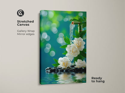 This is a stretched canvas print of zen artwork. The gallery wrap and mirror edges give it a modern look. It's ready to hang and enjoy. The artwork features white peonies a bamboo fountain and serene water flowing over stones. This canvas art enhances any space.