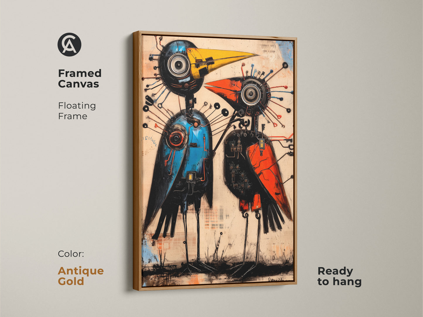 Print presentation options for the abstract mechanical bird art. Choose between a poster print a stretched canvas or a framed canvas. Available with oak white black brown or antique gold floating frames. The steampunk robot art suits any decor.