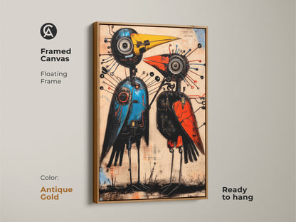 Print presentation options for the abstract mechanical bird art. Choose between a poster print a stretched canvas or a framed canvas. Available with oak white black brown or antique gold floating frames. The steampunk robot art suits any decor.