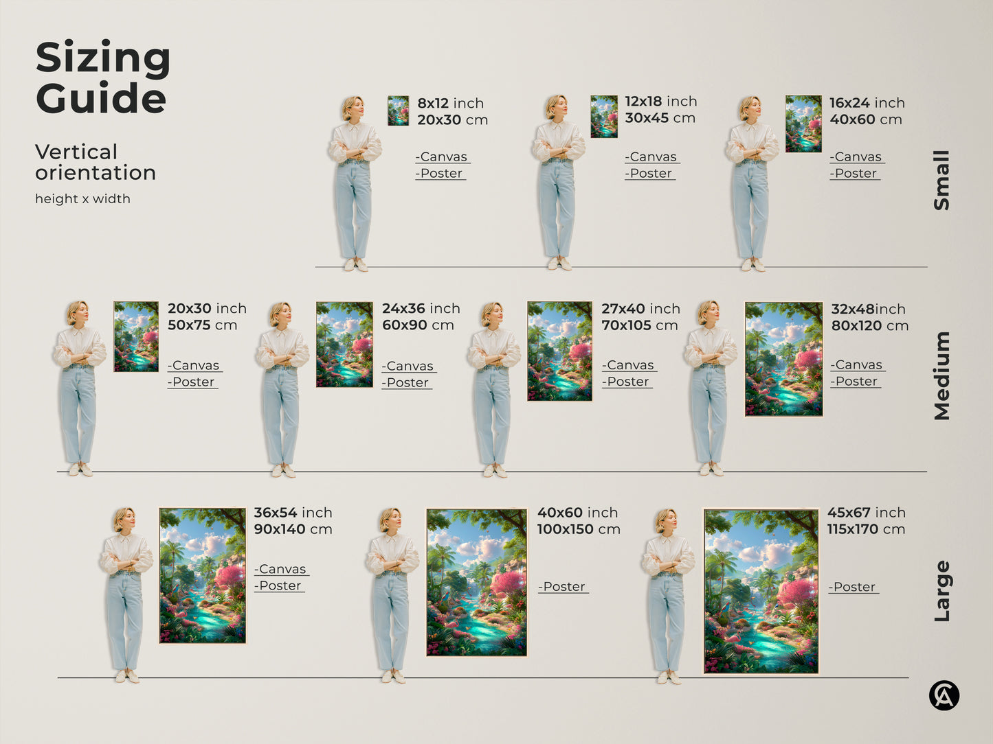 Sizing guide for vertical flamingo artwork canvas and poster prints. Find the perfect fit with dimensions from 8x12 to 45x67 inches. Visualize how each size enhances your space with this tropical paradise art.