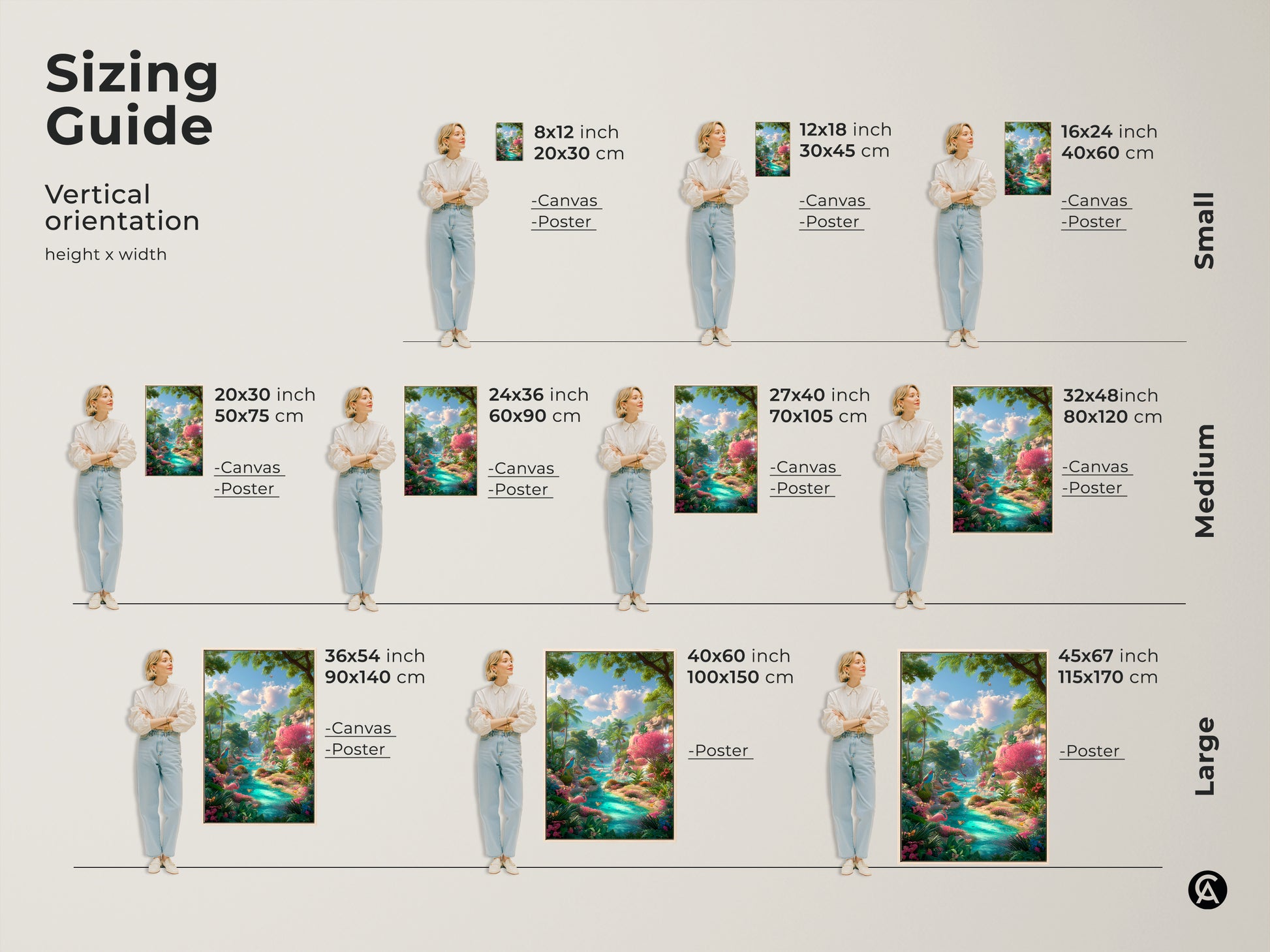 Sizing guide for vertical flamingo artwork canvas and poster prints. Find the perfect fit with dimensions from 8x12 to 45x67 inches. Visualize how each size enhances your space with this tropical paradise art.