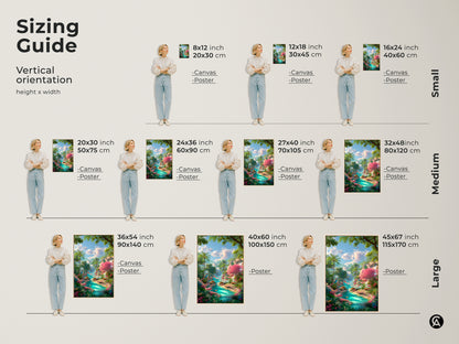 Sizing guide for vertical flamingo artwork canvas and poster prints. Find the perfect fit with dimensions from 8x12 to 45x67 inches. Visualize how each size enhances your space with this tropical paradise art.
