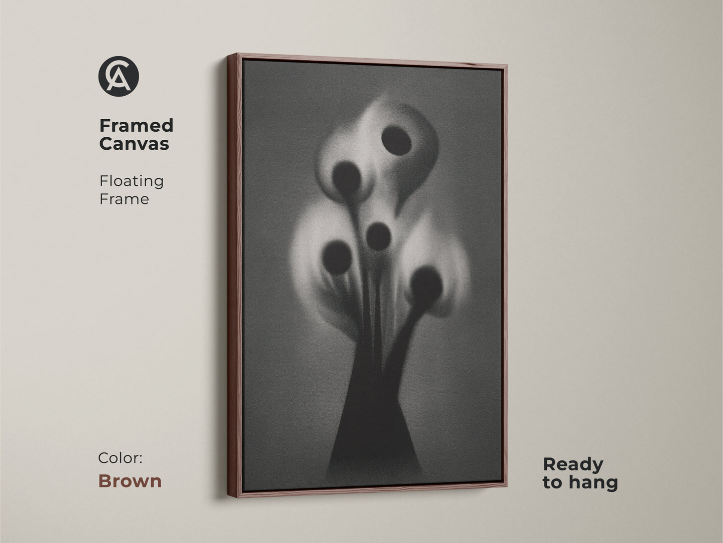 Framed canvas artwork of a gothic flower in black and white. This surreal botanical art print with an antique gold floating frame is ready to hang. This dark academia art suits a study room or office workspace. Elevate your home decor with artistic accents.