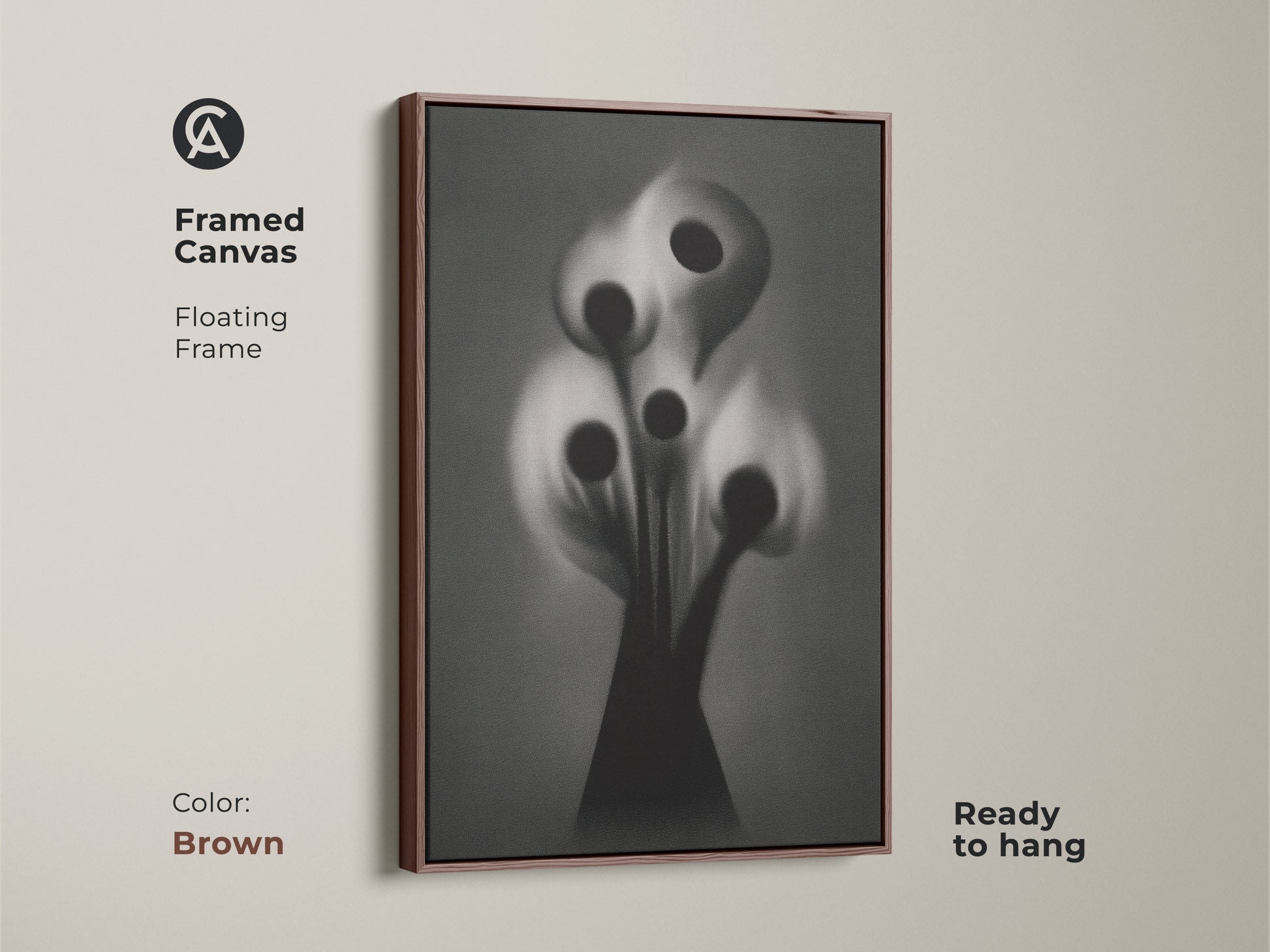 Framed canvas artwork of a gothic flower in black and white. This surreal botanical art print with an antique gold floating frame is ready to hang. This dark academia art suits a study room or office workspace. Elevate your home decor with artistic accents.