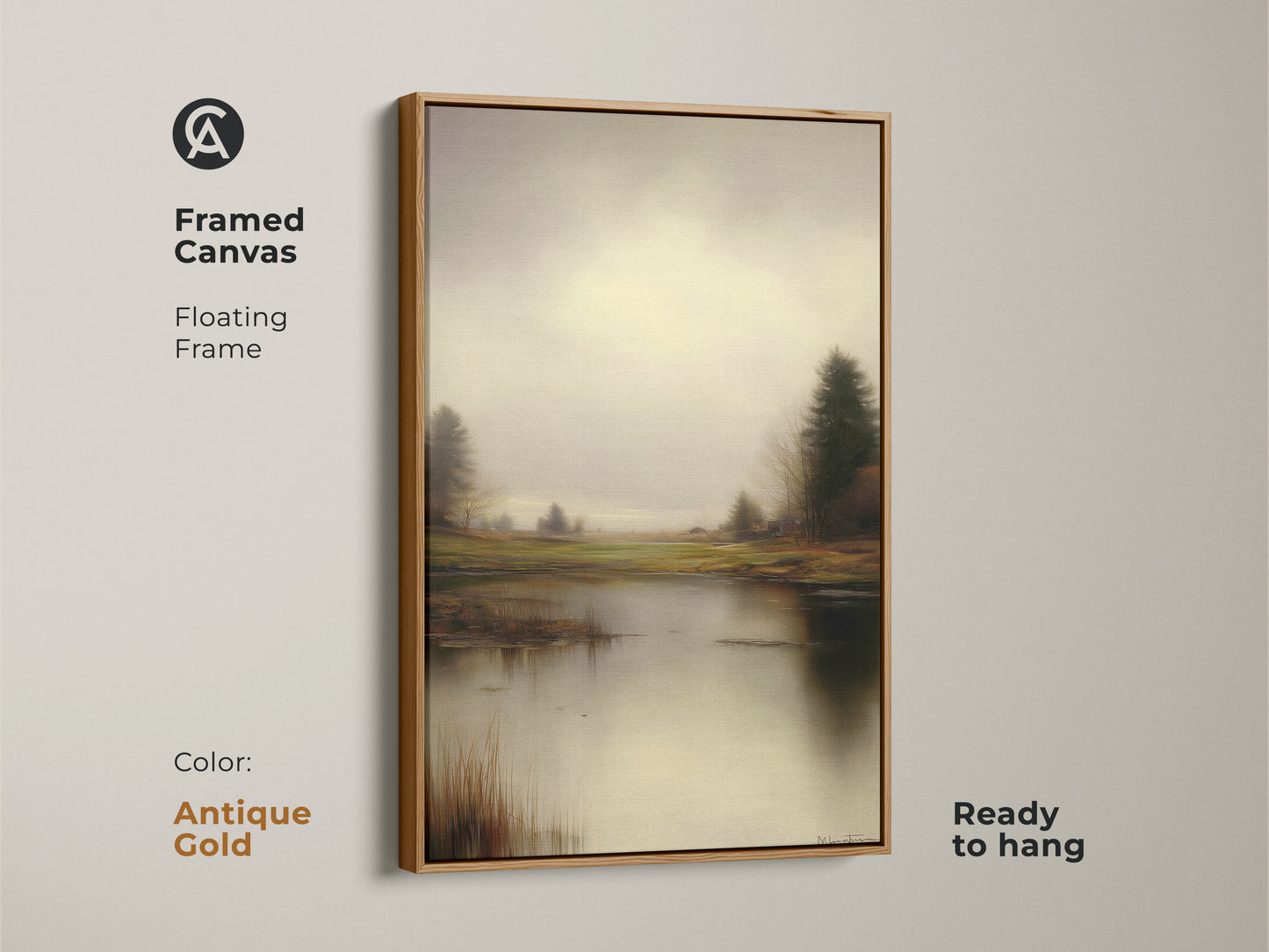 Framed canvas in antique gold features soft yellow wall art. The floating frame adds elegance to the gray green nature artwork. Ready to hang this is a perfect gift for nature lovers.