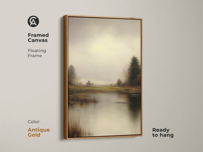 Framed canvas in antique gold features soft yellow wall art. The floating frame adds elegance to the gray green nature artwork. Ready to hang this is a perfect gift for nature lovers.