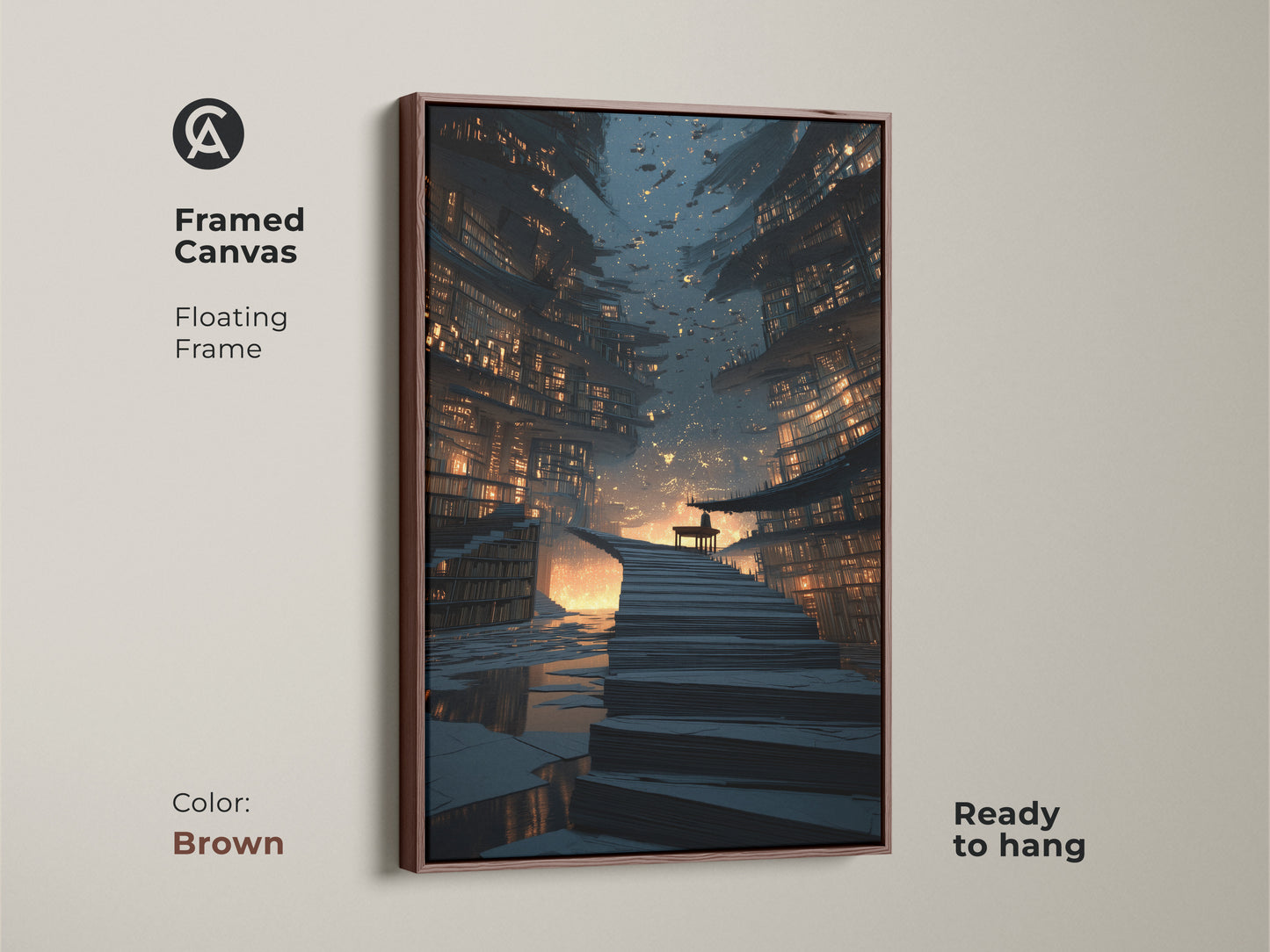 Framed canvas of a futuristic cityscape with a floating brown frame. The bookshelf staircase wall art adds intellectual decor to any room. This gold navy orange canvas is a unique gift for readers. Science fiction home decor that is ready to hang.