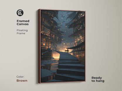 Framed canvas of a futuristic cityscape with a floating brown frame. The bookshelf staircase wall art adds intellectual decor to any room. This gold navy orange canvas is a unique gift for readers. Science fiction home decor that is ready to hang.