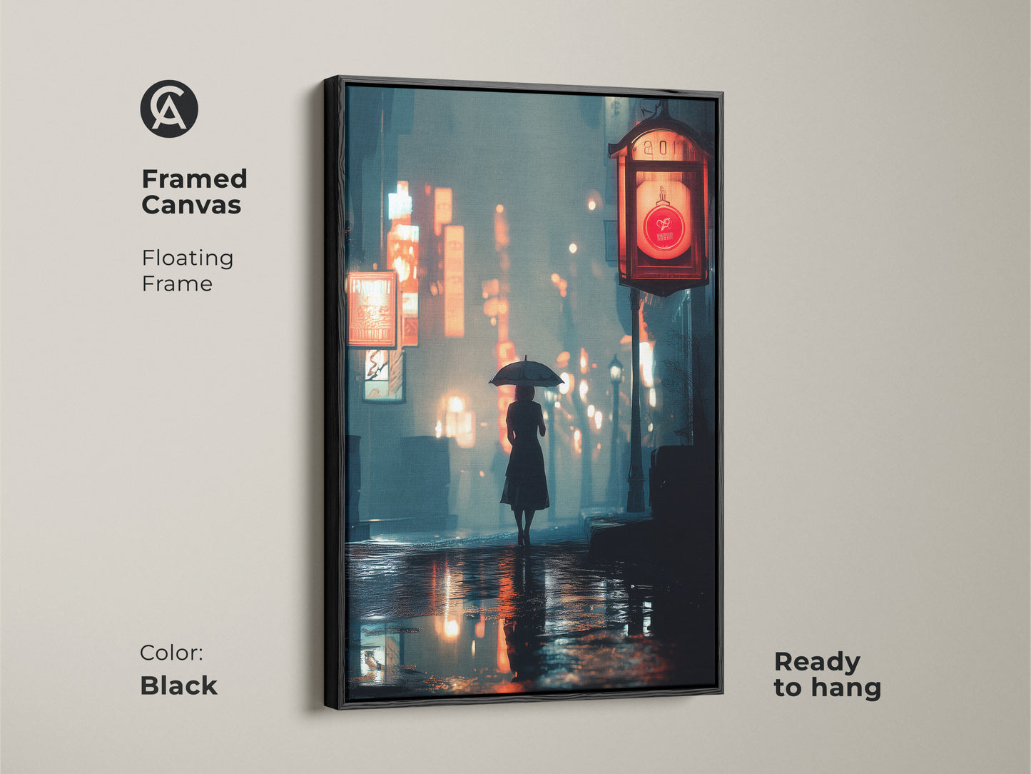 Framed canvas artwork of a cinematic cityscape. Black floating frame enhances the deep blue and orange hues. Features a woman with an umbrella on a wet city street. Perfect residential wall hanging. Ready to hang.