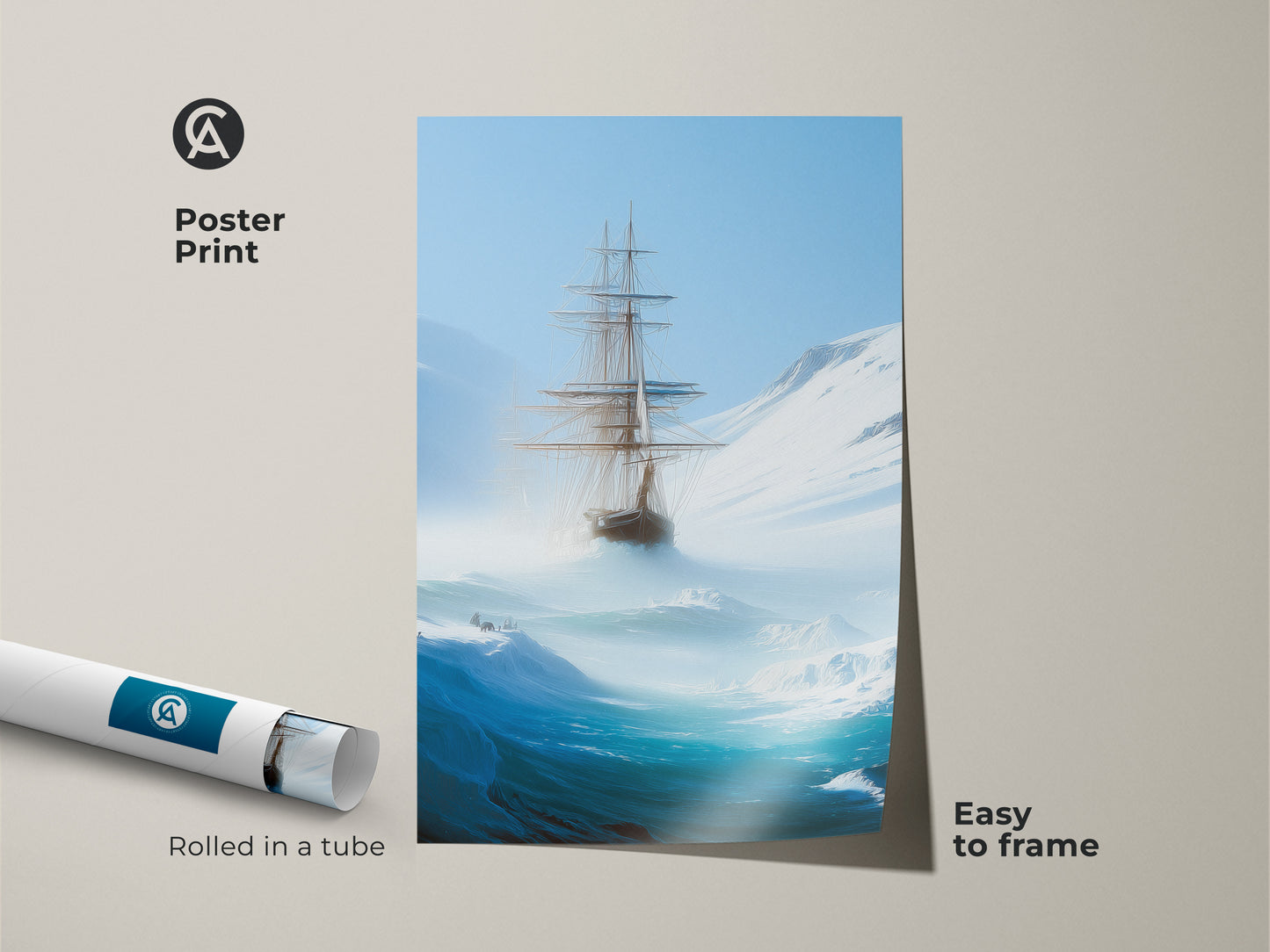 This poster print showcases a tall ship navigating an iceberg sea. Rolled in a tube it's easy to frame offering deep blue nautical art. Perfect for study room decor this sailing artwork adds ocean voyage beauty. A maritime history gift it features adventurous sailing ideal for home office nautical theme.