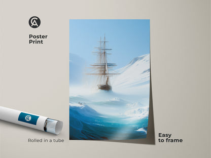 This poster print showcases a tall ship navigating an iceberg sea. Rolled in a tube it's easy to frame offering deep blue nautical art. Perfect for study room decor this sailing artwork adds ocean voyage beauty. A maritime history gift it features adventurous sailing ideal for home office nautical theme.
