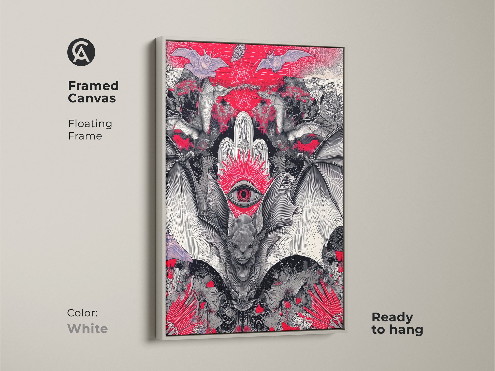 Framed canvas featuring gothic bat surreal third eye art. The white floating frame enhances this strange eye artwork. Perfect for a gothic living room or alternative office with a unique spooky touch.
