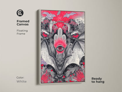 Framed canvas featuring gothic bat surreal third eye art. The white floating frame enhances this strange eye artwork. Perfect for a gothic living room or alternative office with a unique spooky touch.