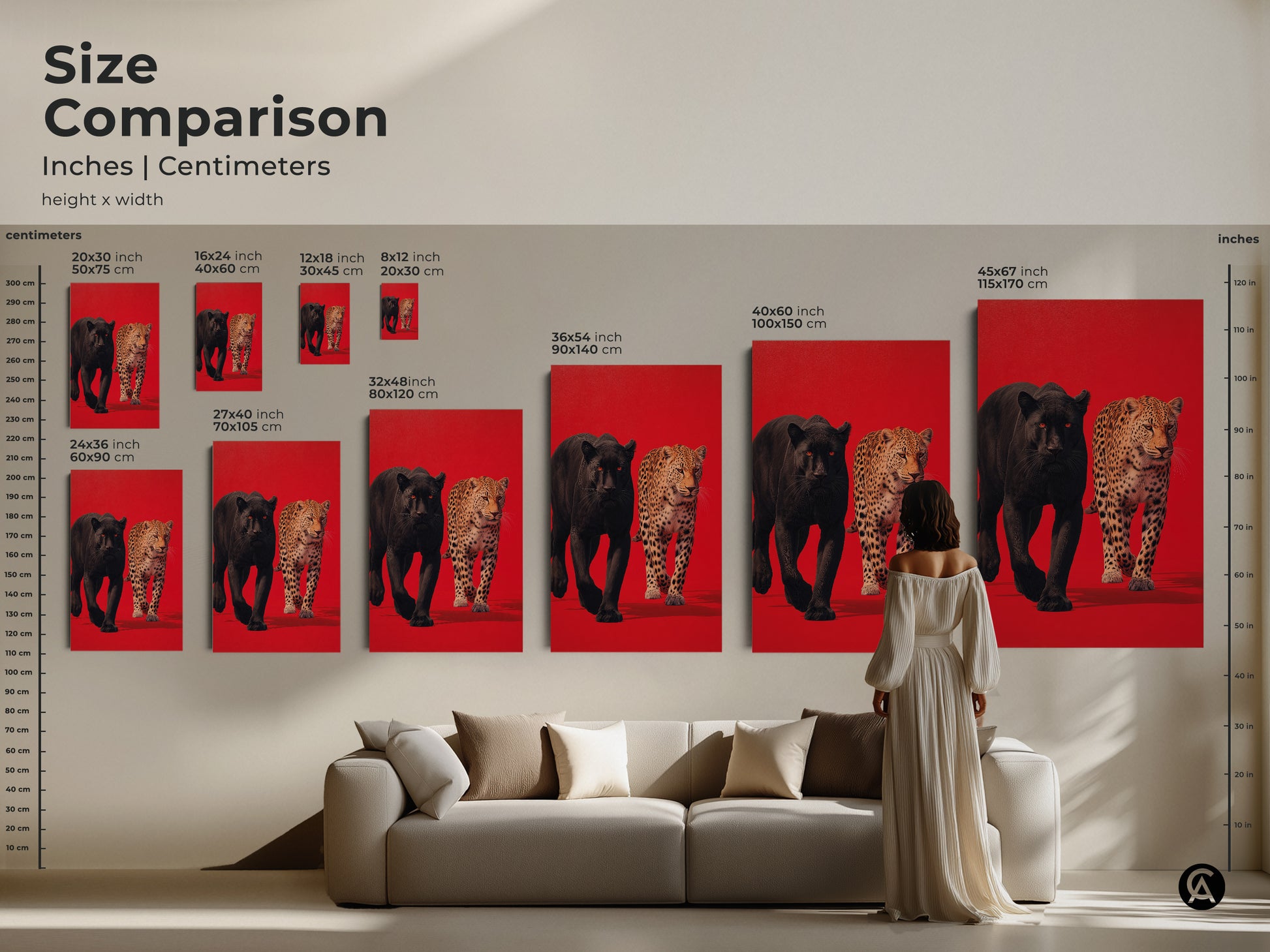 Size comparison of black panther and leopard artwork in inches and centimeters. The artwork is displayed in various sizes. From small to large to help you visualize it in your space. Find the perfect fit for your home decor now
