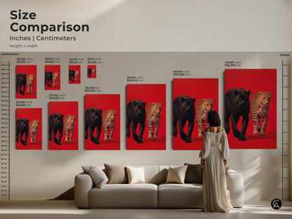 Size comparison of black panther and leopard artwork in inches and centimeters. The artwork is displayed in various sizes. From small to large to help you visualize it in your space. Find the perfect fit for your home decor now
