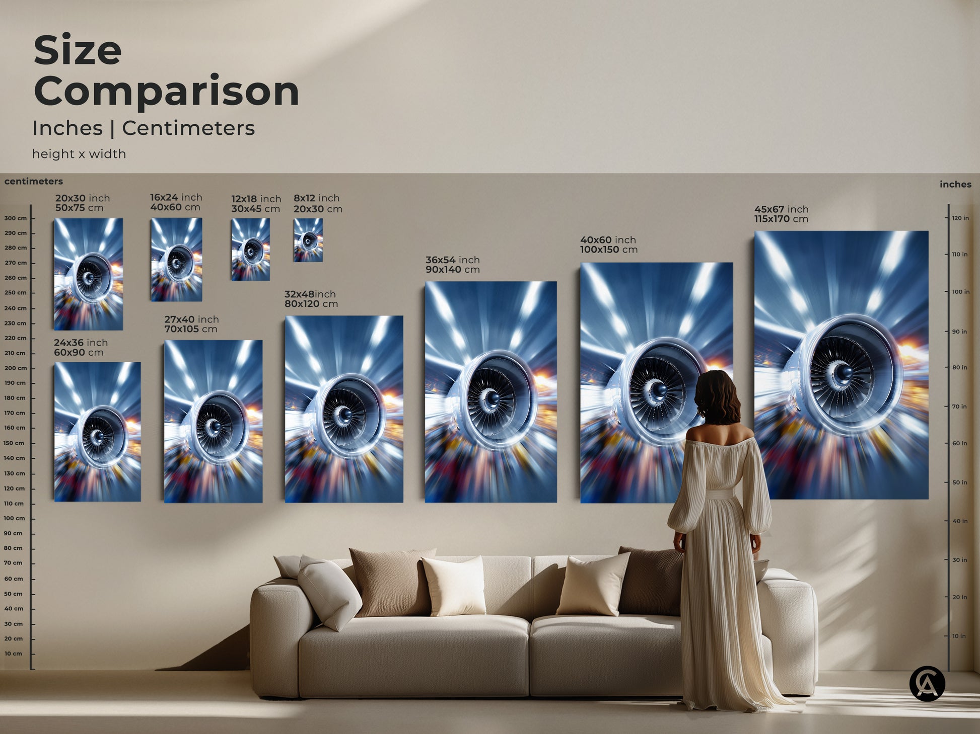 Size comparison of abstract jet engine art prints in various dimensions. Inches and centimeters are displayed for canvas and poster options. This industrial technology artwork can transform any living space. The metallic blue artwork adds a modern and sophisticated touch to your home.