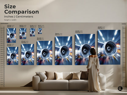 Size comparison of abstract jet engine art prints in various dimensions. Inches and centimeters are displayed for canvas and poster options. This industrial technology artwork can transform any living space. The metallic blue artwork adds a modern and sophisticated touch to your home.