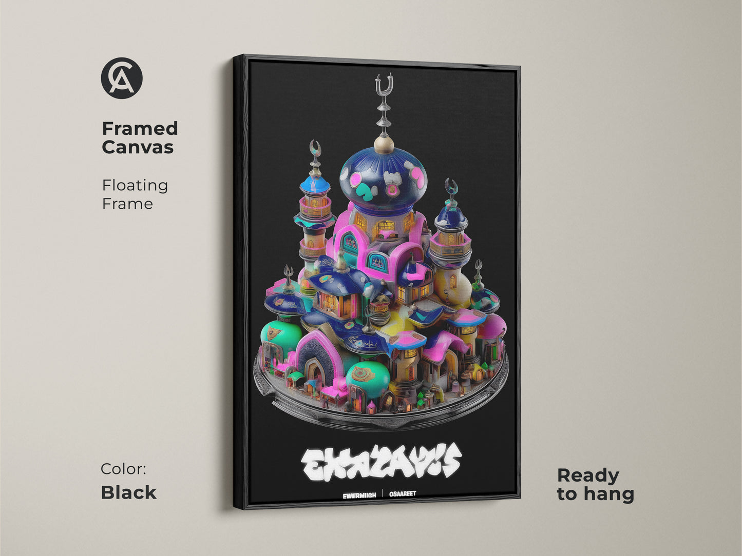 This framed canvas showcases a surreal mosque fantasy town. The floating frame in black enhances the teal pink and blue art. Ready to hang this abstract architecture decor piece adds a splash of color to any living room. Its an eclectic piece of islamic art