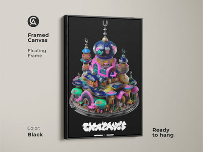 This framed canvas showcases a surreal mosque fantasy town. The floating frame in black enhances the teal pink and blue art. Ready to hang this abstract architecture decor piece adds a splash of color to any living room. Its an eclectic piece of islamic art