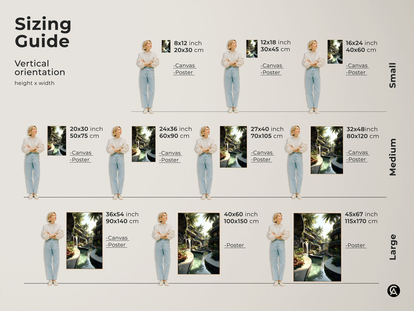 Vertical sizing guide for tropical resort wall art. Visualize canvas and poster prints in various sizes. See how the biophilic waterfall and palm tree artwork fits. Small medium and large options available. Find the perfect green and blue art for your space.