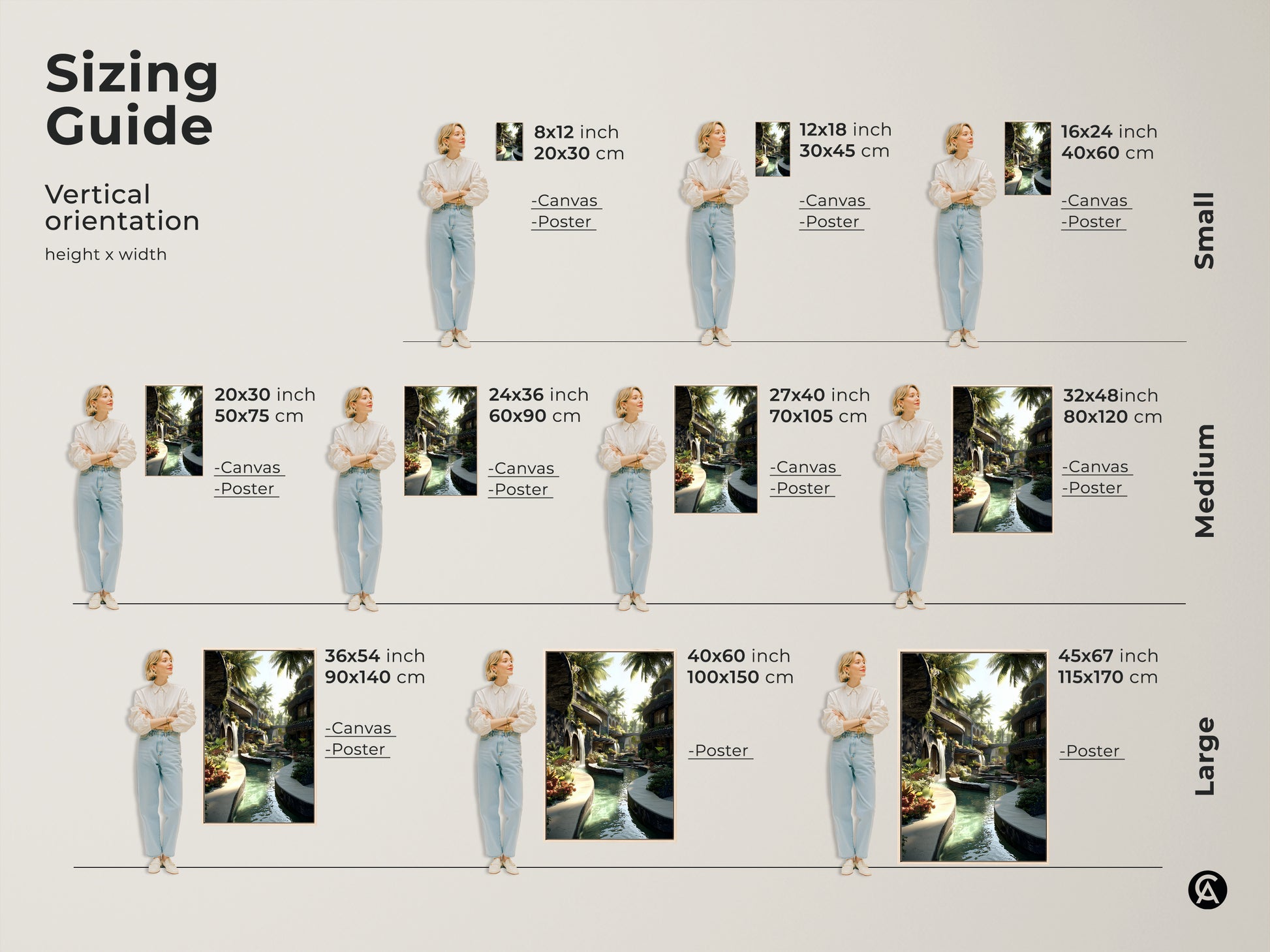 Vertical sizing guide for tropical resort wall art. Visualize canvas and poster prints in various sizes. See how the biophilic waterfall and palm tree artwork fits. Small medium and large options available. Find the perfect green and blue art for your space.