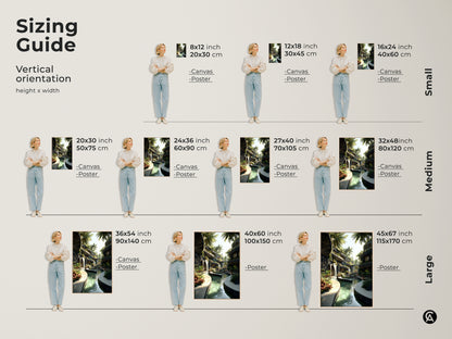 Vertical sizing guide for tropical resort wall art. Visualize canvas and poster prints in various sizes. See how the biophilic waterfall and palm tree artwork fits. Small medium and large options available. Find the perfect green and blue art for your space.