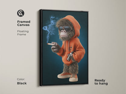 Framed canvas with a floating frame showcasing a streetwear monkey. The black frame enhances the cartoon animal artwork. This piece is ready to hang. It is perfect for man cave wall decor. The orange hoodie and sunglasses give this smoking monkey a unique and edgy vibe.