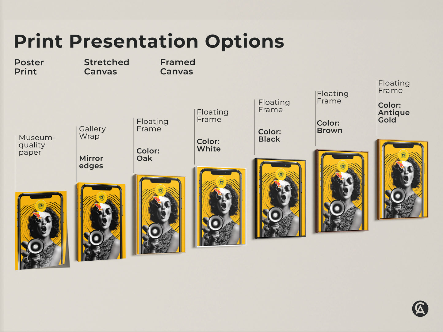 Explore our print presentation options. Choose between poster prints stretched canvas and framed canvas. Each option features a retro pop artwork of a woman with a megaphone. Find the perfect fit for your unique style. Add a statement piece to your space.