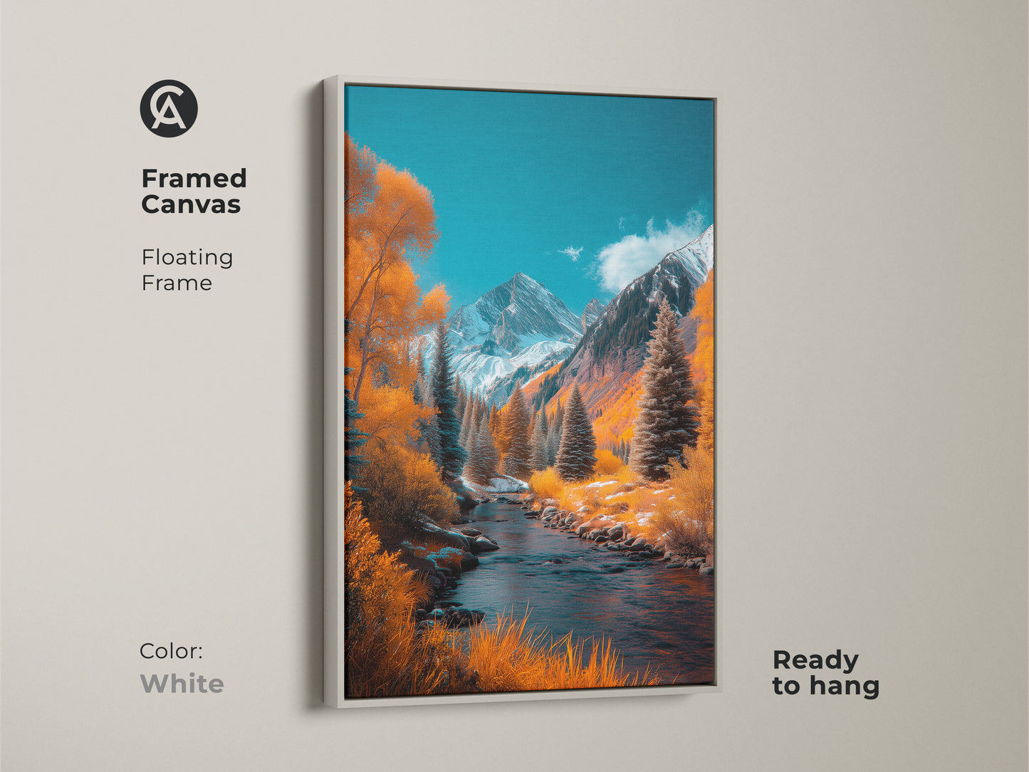White framed canvas art showcasing a peaceful mountain landscape with a river. The artwork captures the essence of autumn with its golden trees and snow-covered peaks. A floating frame complements this ready to hang piece. Add a touch of tranquility to your home decor.