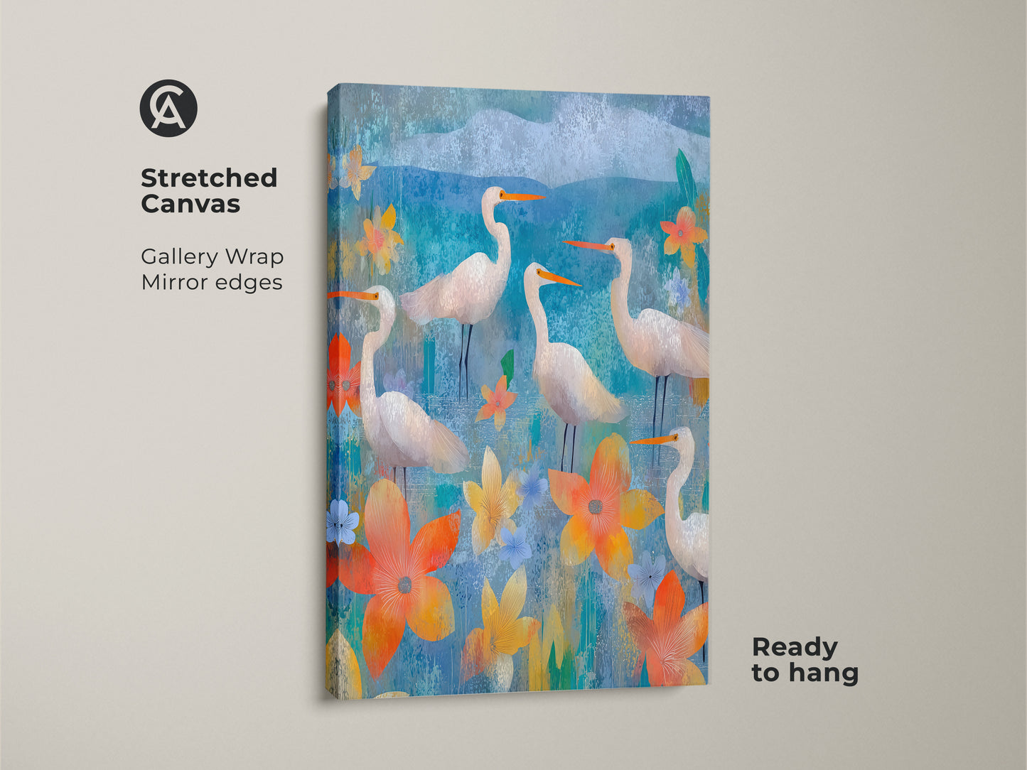 Stretched canvas print of egrets and vibrant florals. Teal bird wall decor featuring elegant birds in a modern folk art style. Ready to hang art makes a great nature lovers gift for the bedroom.