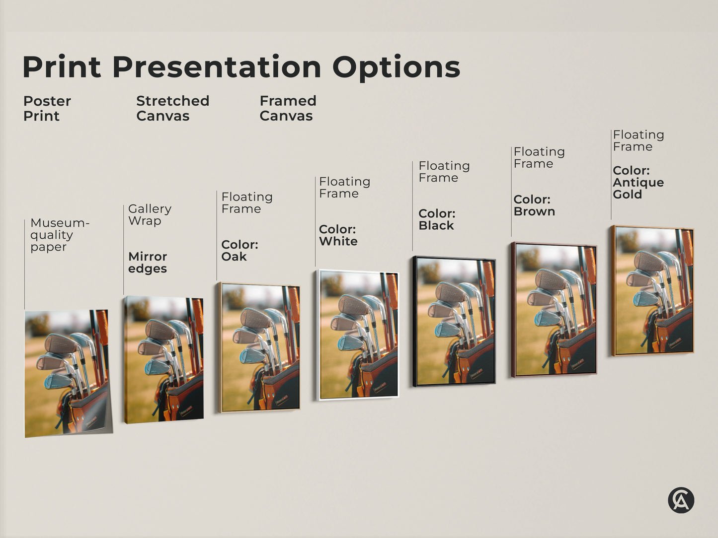 Various print presentation options. Golf equipment artwork. Options include poster print stretched canvas and framed canvas. Floating frame options include black brown antique gold and white frames. Buy golf art today.