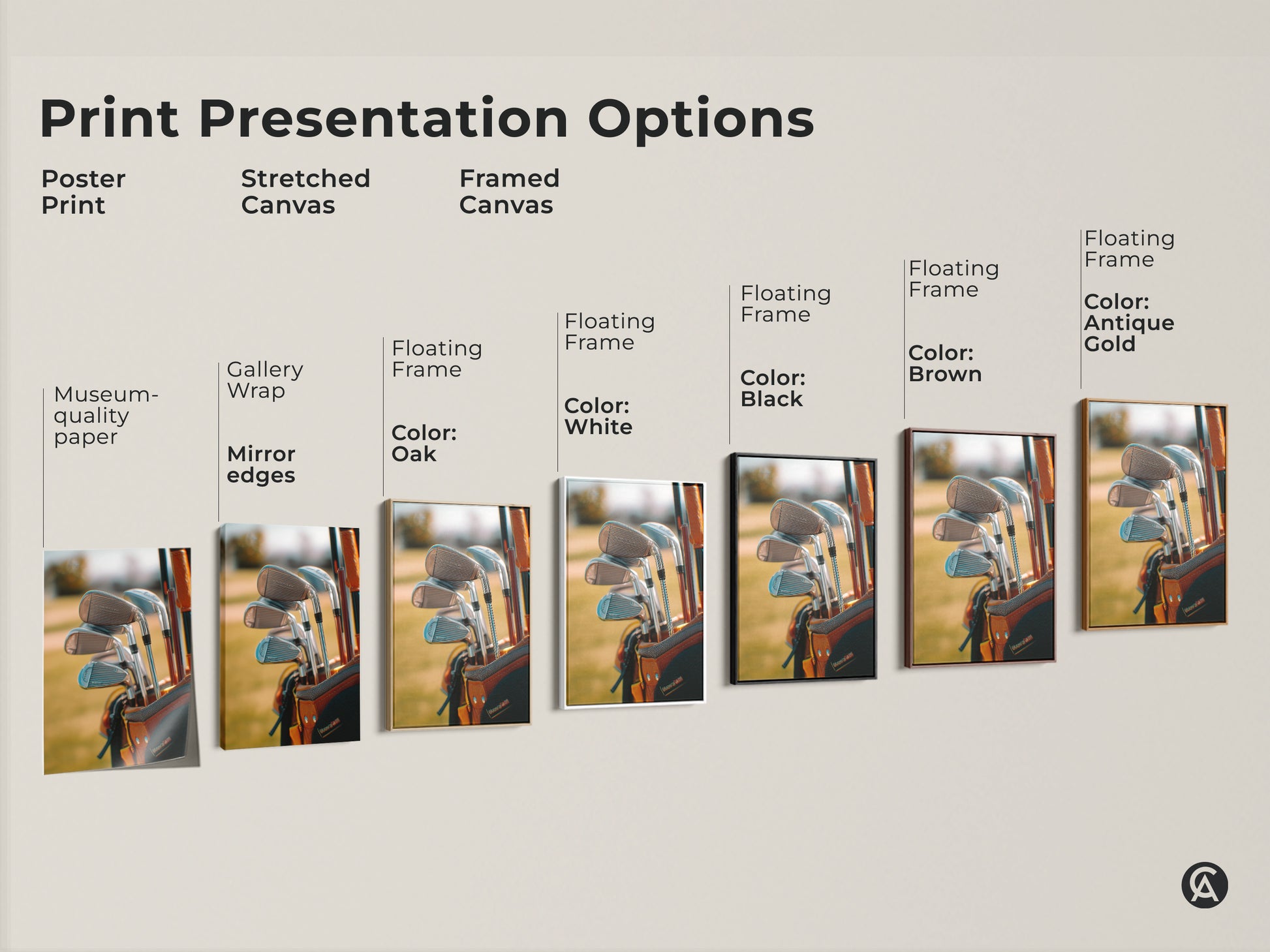 Various print presentation options. Golf equipment artwork. Options include poster print stretched canvas and framed canvas. Floating frame options include black brown antique gold and white frames. Buy golf art today.