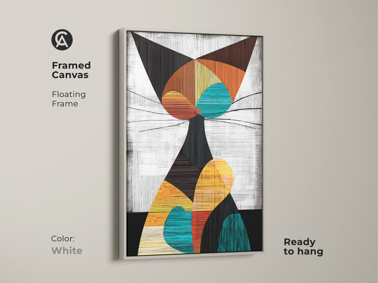 A framed canvas in a white floating frame displays geometric cat art. This animal shape wall art is a modern abstract canvas. It is a unique piece of art for cat people to add to their homes.