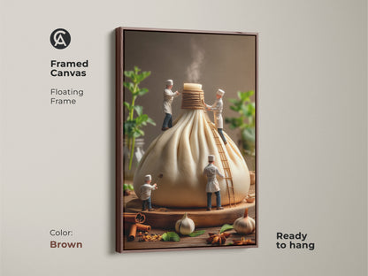 Framed canvas art showcasing tiny chefs preparing a large dumpling. The floating frame in brown complements this unique food art. Add a charming touch to your kitchen with this ready-to-hang artwork.