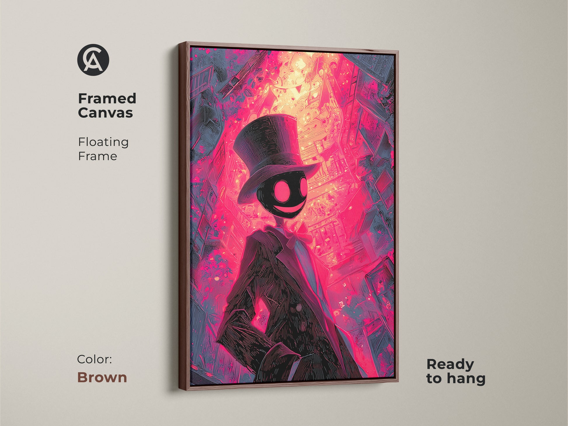 Framed canvas artwork of a figure in a top hat. This art has a vivid cityscape in pink and purple tones. This framed canvas is ready to hang. The brown floating frame gives a warm rustic feel.