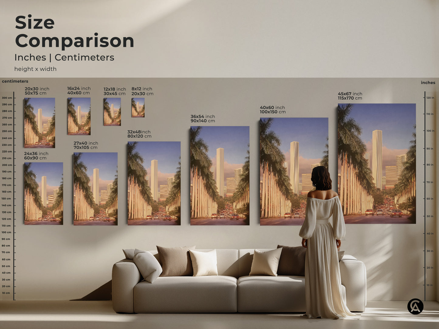 Compare sizes of retro cityscape art prints in inches and centimeters. This mid-century modern artwork features skyscrapers and palm trees. Choose from various sizes to fit your space. This golden hour urban scene adds a touch of retro vibes to your home decor.