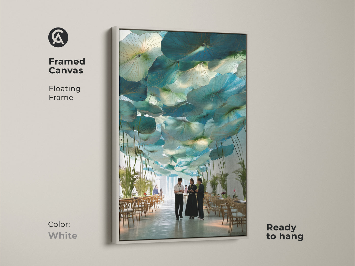 Framed canvas with a floating frame in white. Teal and green lotus leaf artwork in a dining space. Modern botanical wall art is ready to hang. Abstract nature print enhances contemporary decor. It's a housewarming gift.